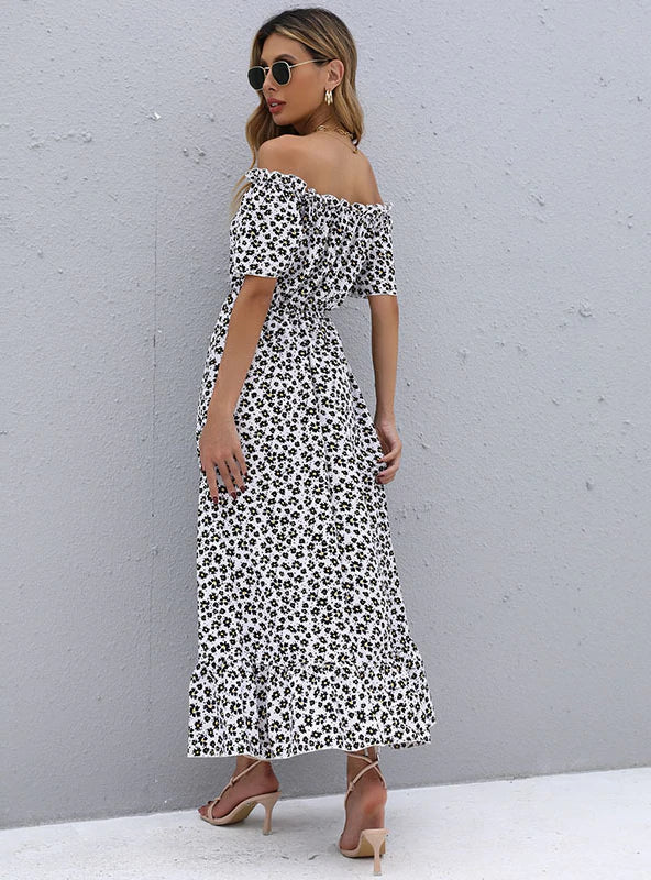 Ditsy Floral Off Shoulder Short Sleeve Button Front High Low Ruffle Hem Maxi Dress 3