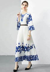 Blue And White Porcelain Loose Dress with Pleats