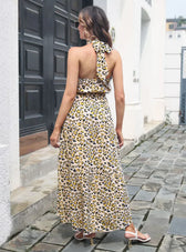 Halter With Gown Design Long Belt Leopard Neck M / Yellow Dresses