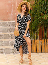 Chiffon V-Neck Flowered Dress M / Black