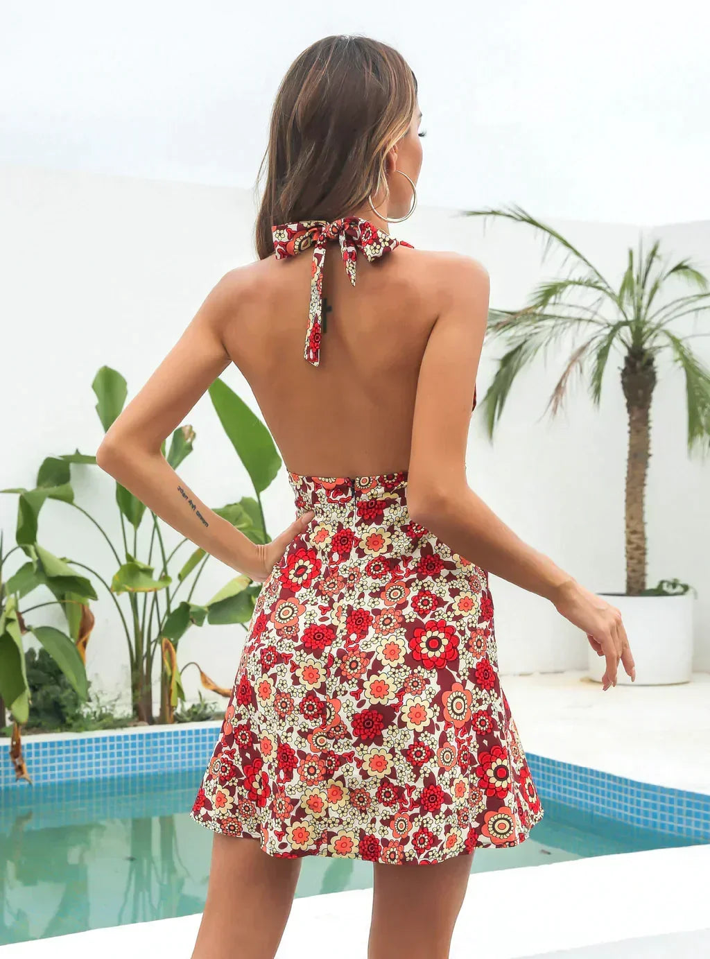 Retro Floral Print Twist Halter Neck Keyhole Cut Out Mini Dress 6