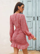 V-Neck Flounce Printed Chiffon Dress With Pleats M / Burgundy Dresses