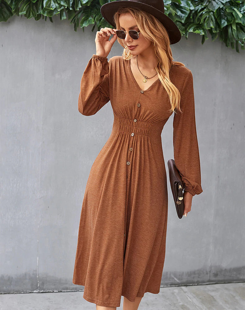 V-Neck Long Sleeve Button Front Smocked Waist A-Line Midi Dress 5