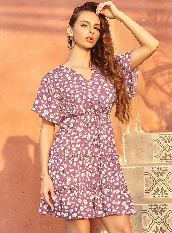 Daisy Floral V-Neck Flutter Sleeve Drawstring Waist Tiered Ruffle Mini Dress 3