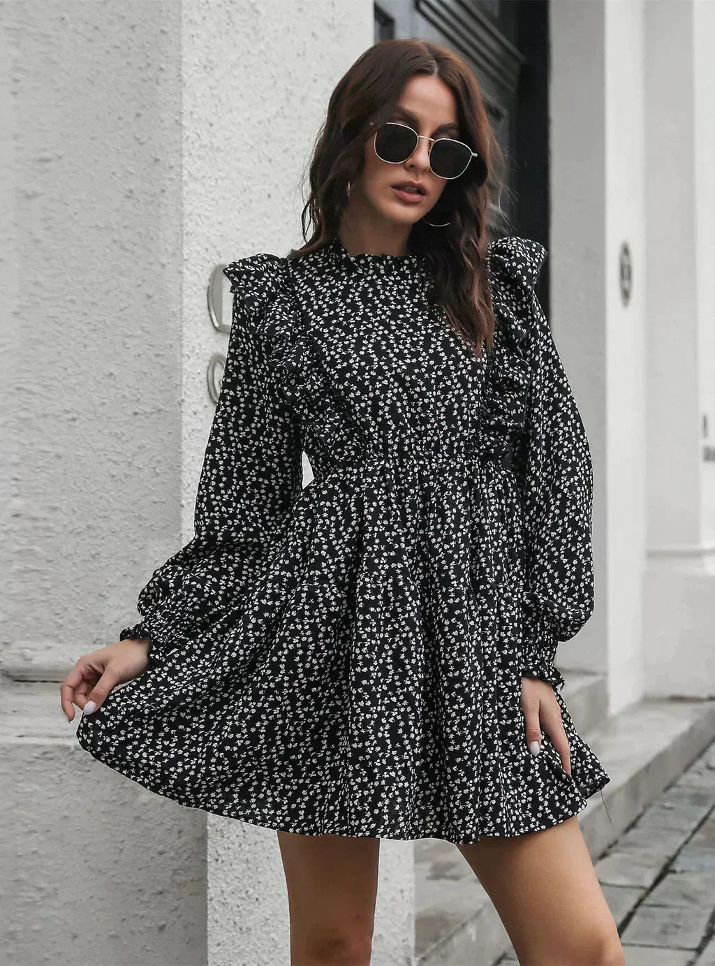 Ditsy Print Frill Neck Long Sleeve Ruffle Trim Tiered Mini Dress 6