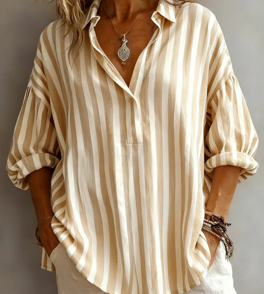Striped Collared Half Sleeve Popover Blouse