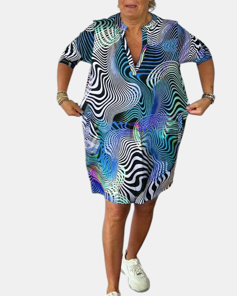 Abstract Print V-Neck Roll Sleeve Shirt Dress
