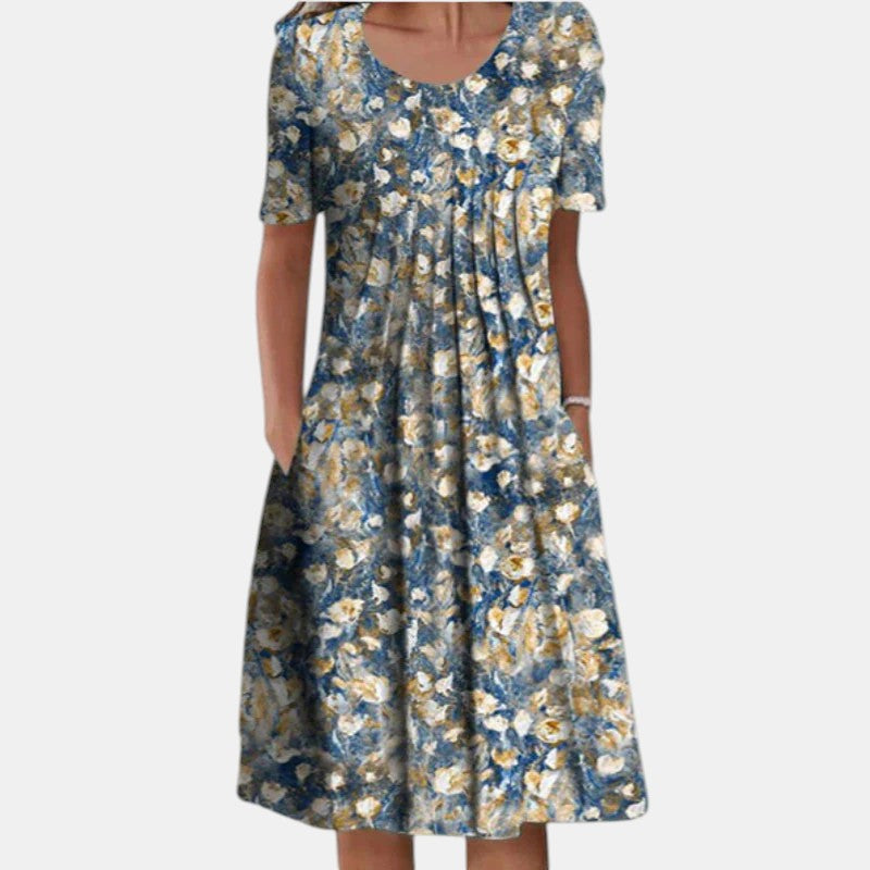 Floral Round Neck Short Sleeve Pleated Pocket Midi Dress