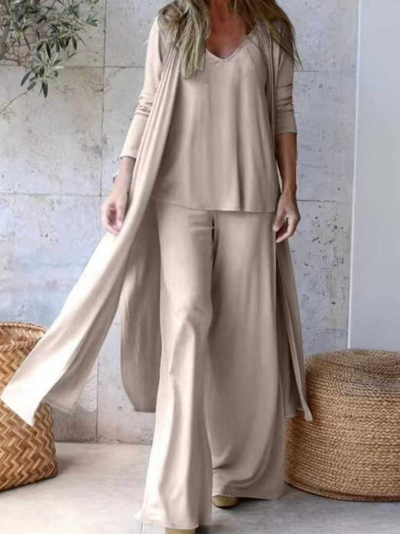 Satin Cami Wide Leg Pants and Longline Duster Three Piece Set