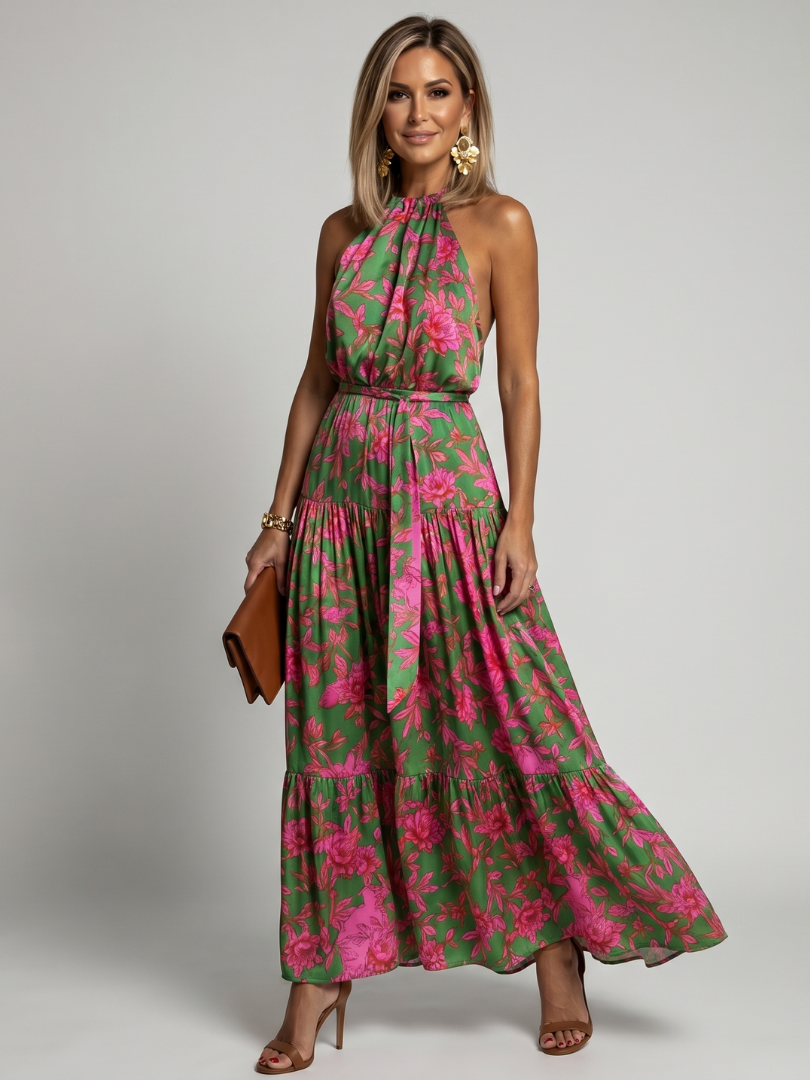 Floral Halter Neck Tiered Maxi Dress