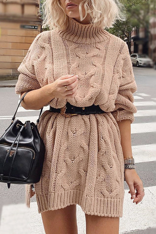 Morning Chill High-Neck Sweater Dress - 2 Colors Khaki