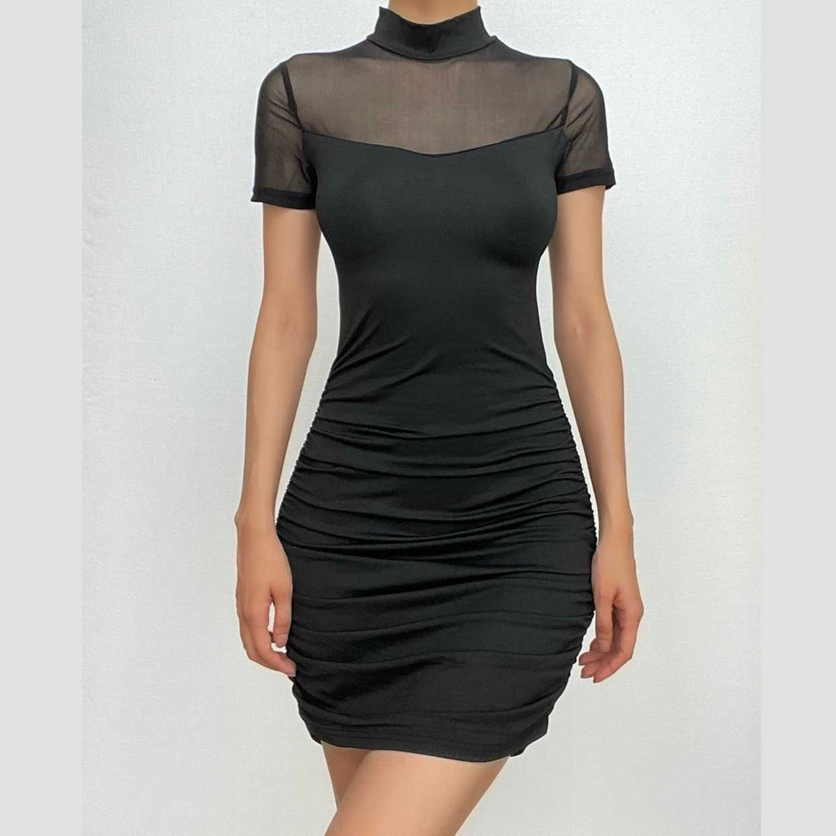 Mock Neck Short Sleeve Sheer Mesh Yoke Ruched Bodycon Mini Dress