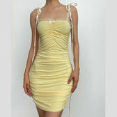 Ruched lace hem self tie square neck backless mini dress