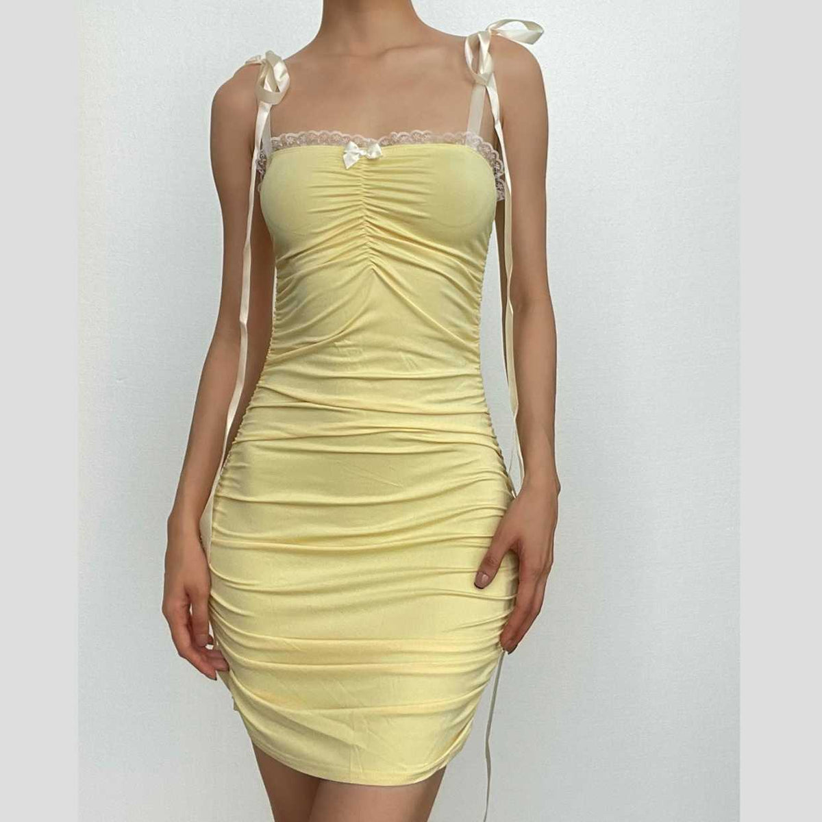 Square Neck Lace Trim Tie Strap Ruched Bodycon Mini Dress