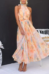 Floral Halter Neck Ruched Chiffon Maxi Dress 3