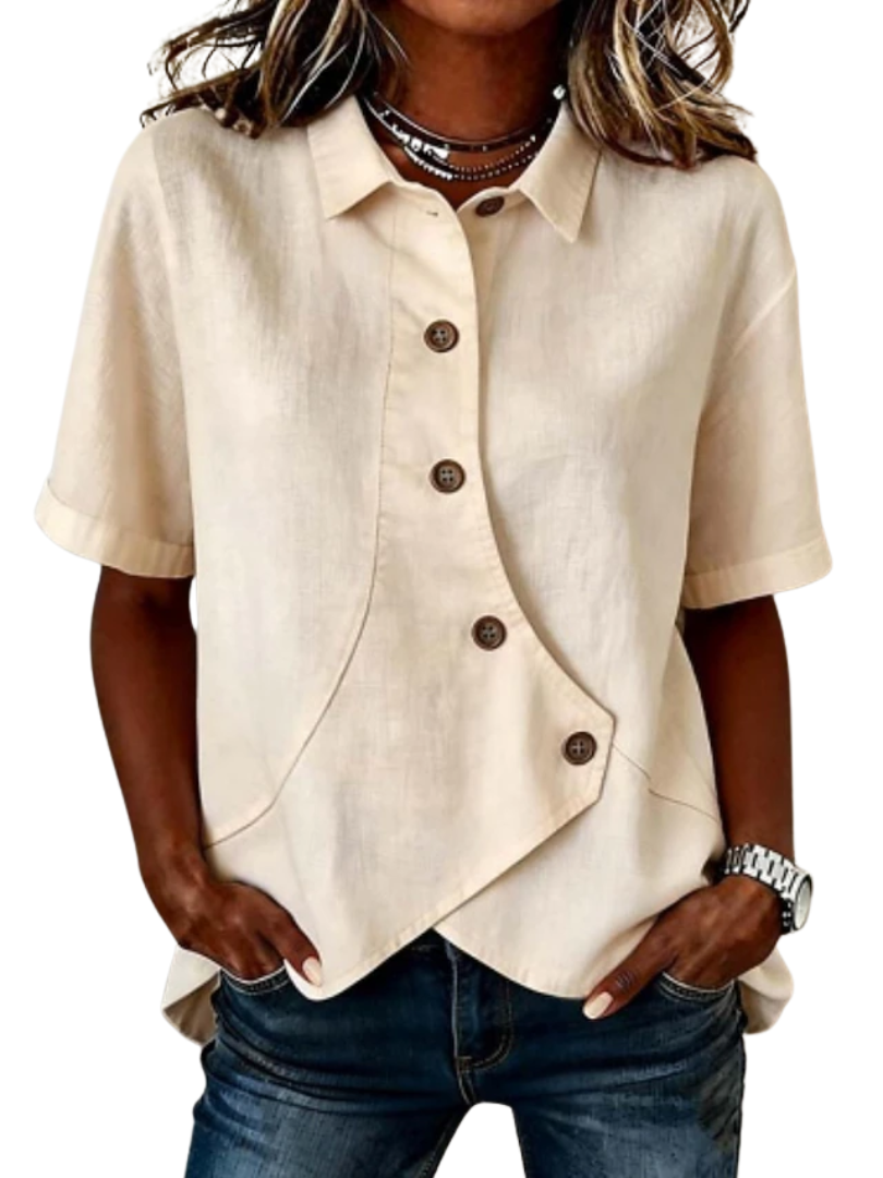 Collared Short Sleeve Button Front Asymmetric Hem Shirt