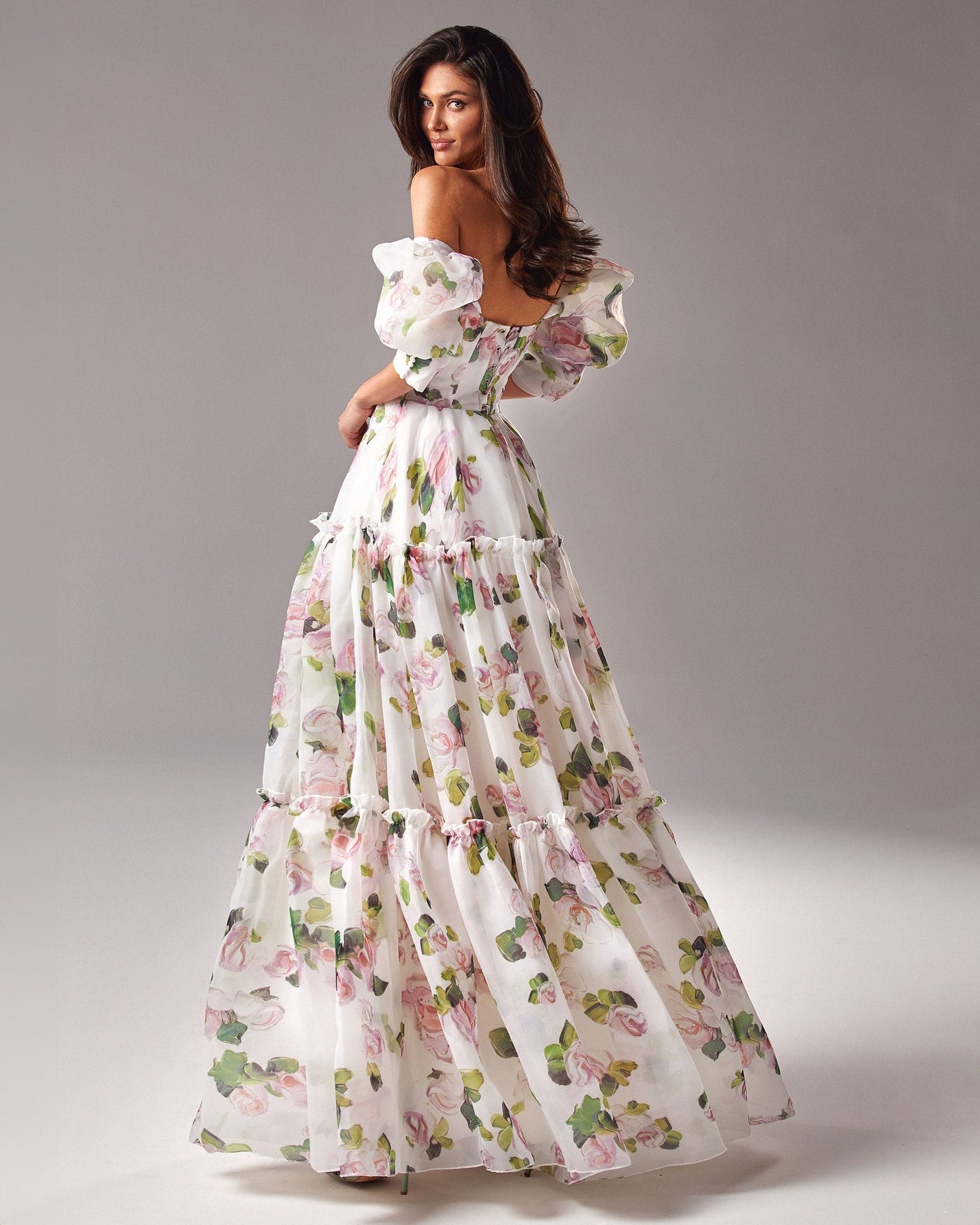 Floral Off Shoulder Puff Sleeve Tiered Maxi Gown 3