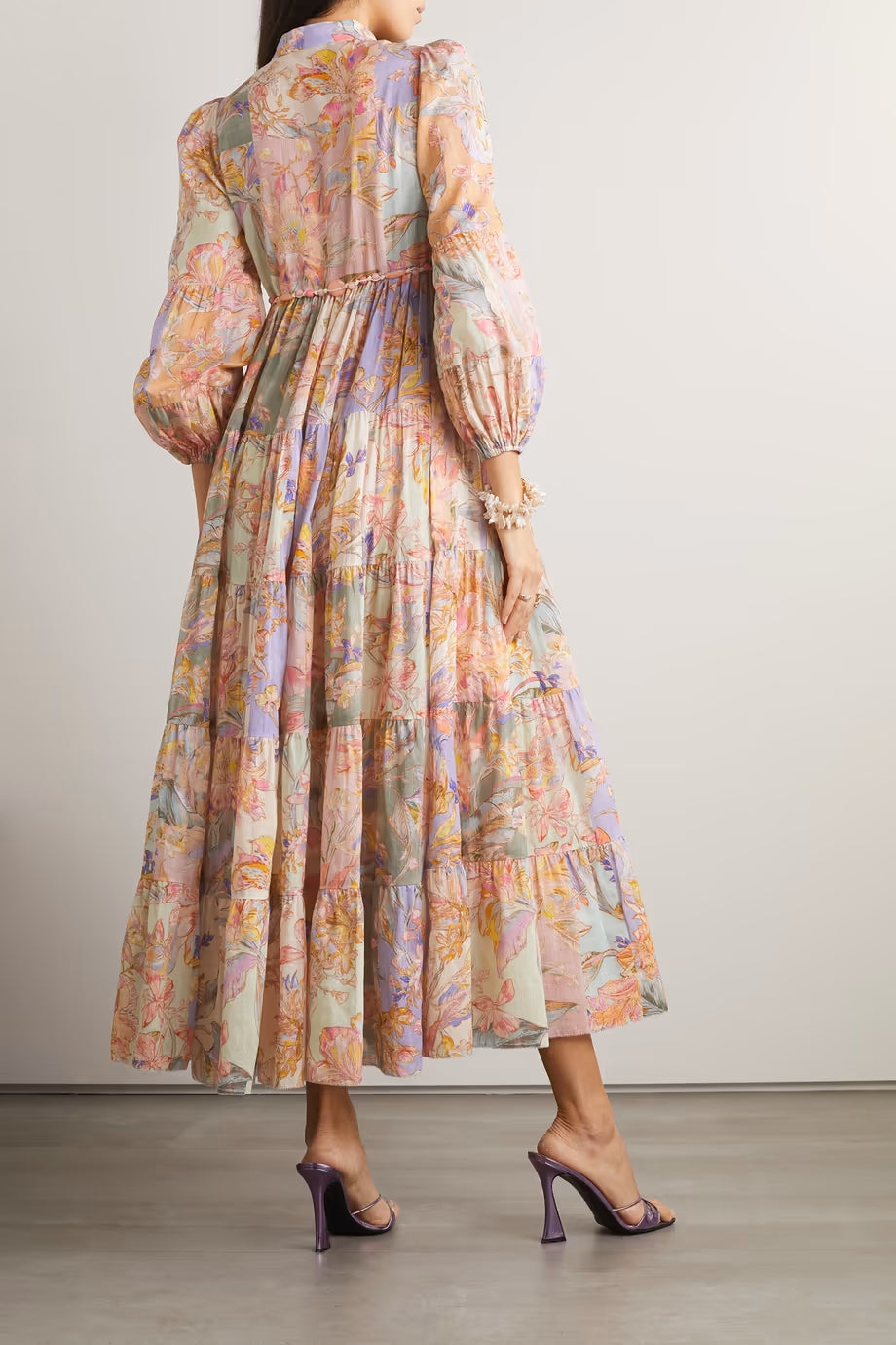 Floral Print Stand Collar V-Neck Button Down Drawstring Waist Tiered Midi Dress