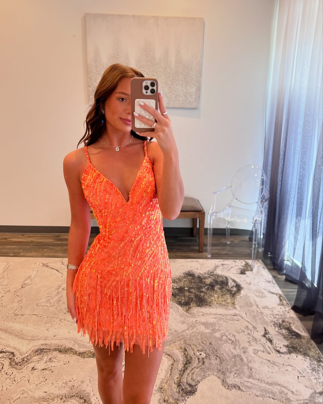 Sparkly Sheath Spaghetti Straps Orange Sequins Short Homecoming Dress with Tassel