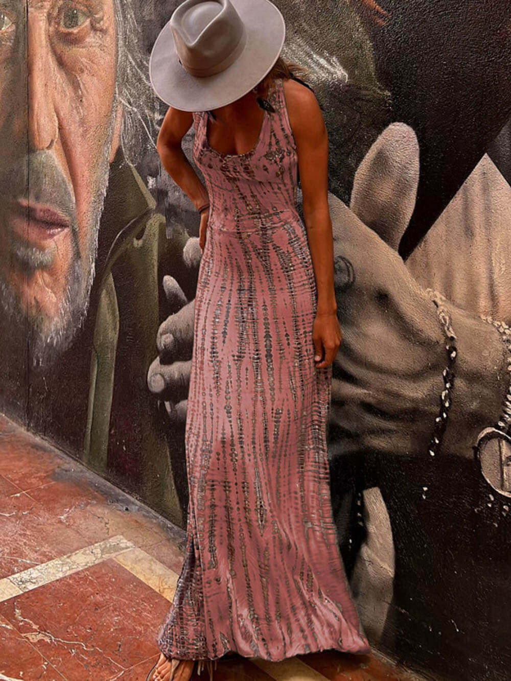 Tie Dye Print Scoop Neck Sleeveless Stretch Knit Maxi Dress 9