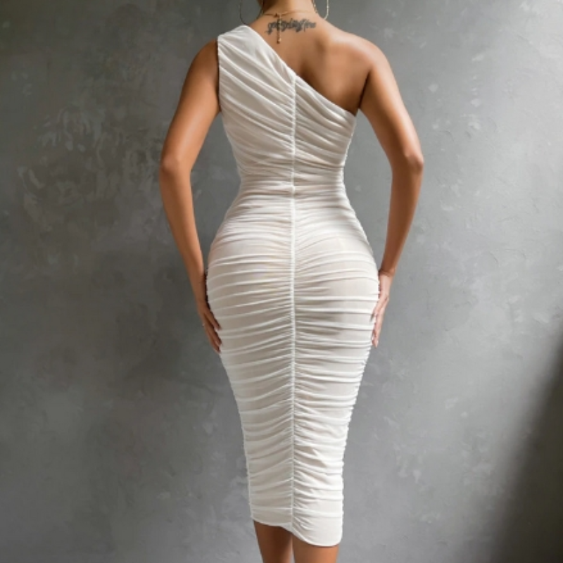 Mesh One Shoulder Ruched Bodycon Midi Dress 3