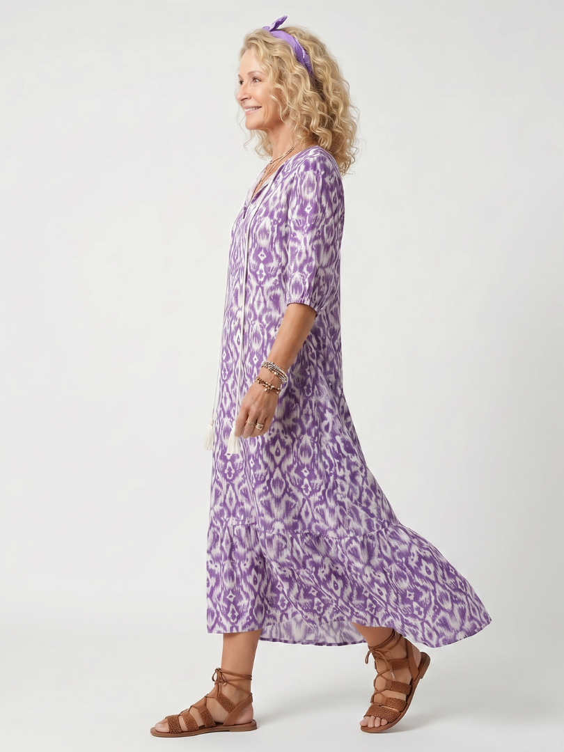 Ikat Print Tie Neck Tassel Tiered Maxi Dress