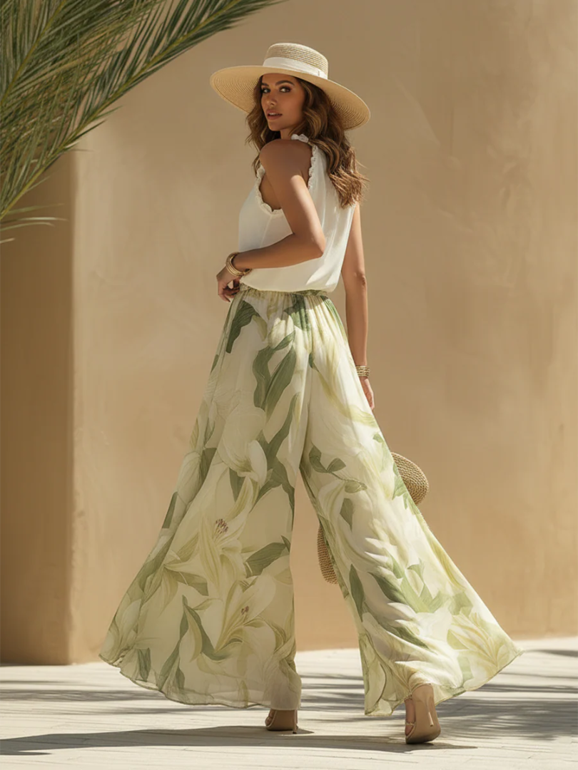 Halter Neck Lace Trim Top and Lily Print Maxi Skirt Two Piece Set