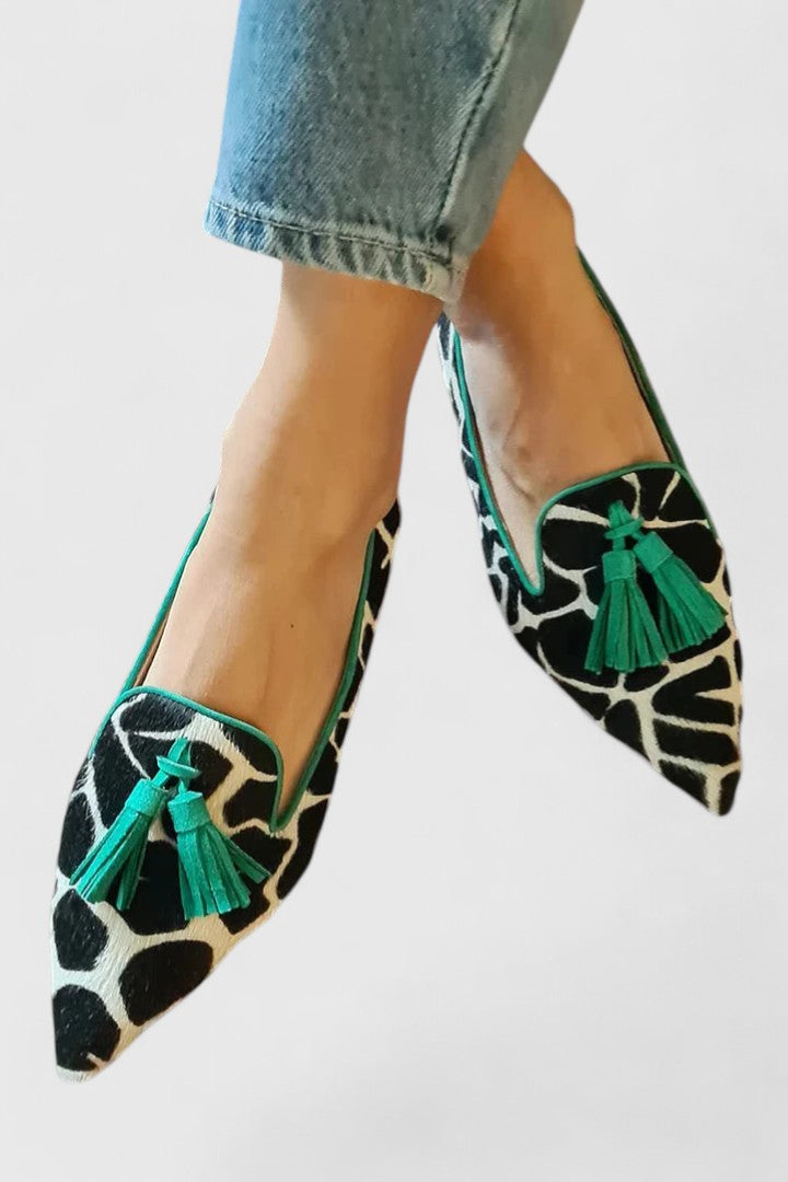 Pointed Toe Tassel Cow Print Flats