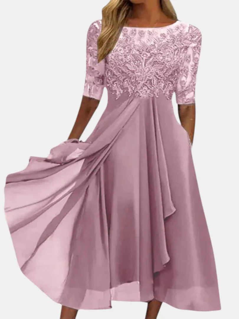 Lace Bodice Boat Neck Half Sleeve Chiffon Midi Dress