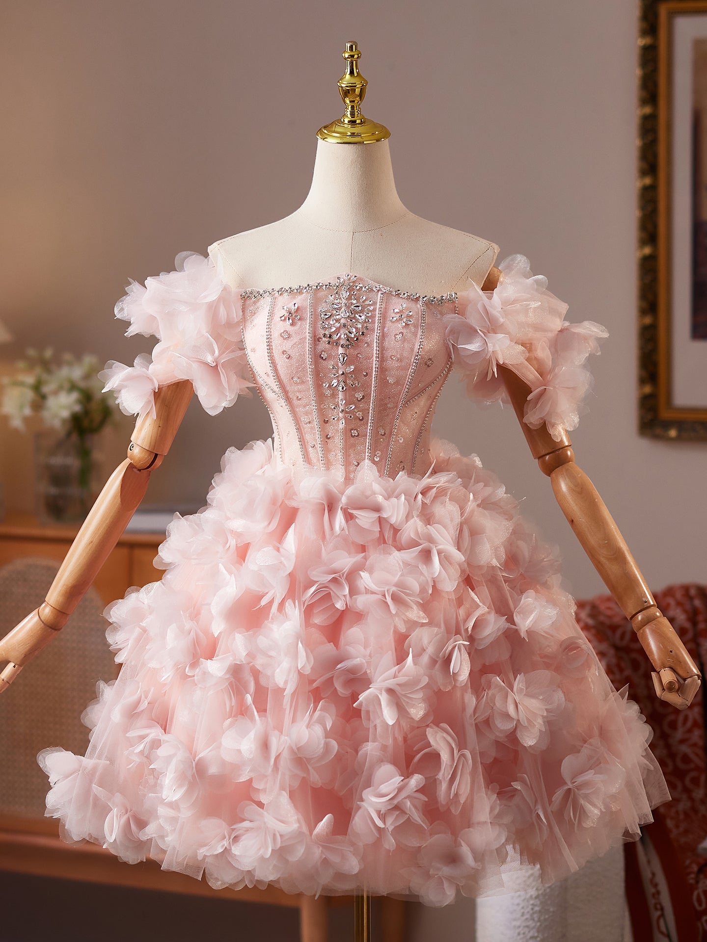 Princess Pink Off The Shoulder Ball Gown Homecoming Dress with Crystals