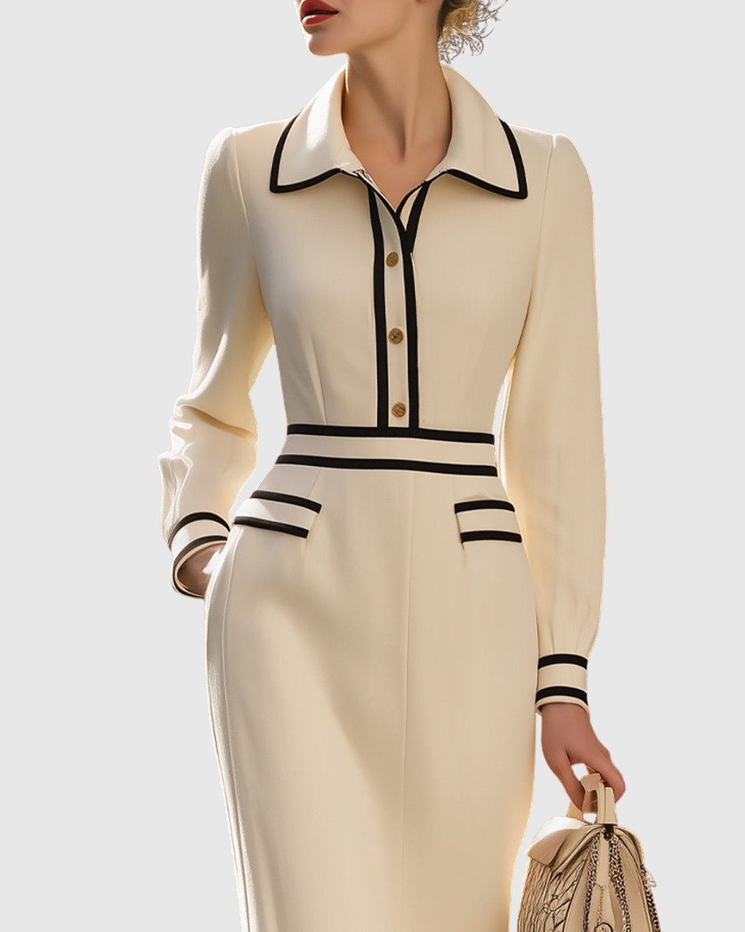 Contrast Trim Collared Long Sleeve Midi Dress