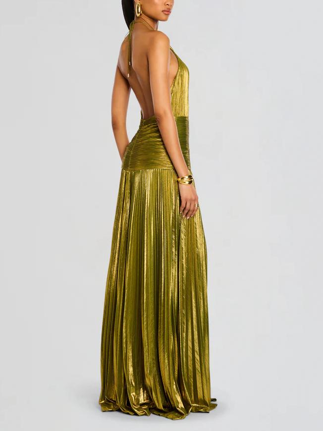 Metallic Halter Neck Wrap Ruched Waist Pleated High Split Maxi Gown