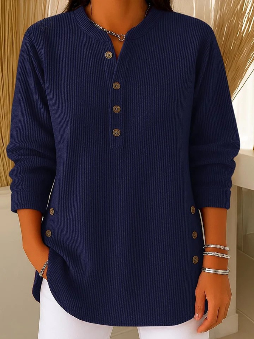 Button Henley Long Sleeve Ribbed Knit Tunic Top