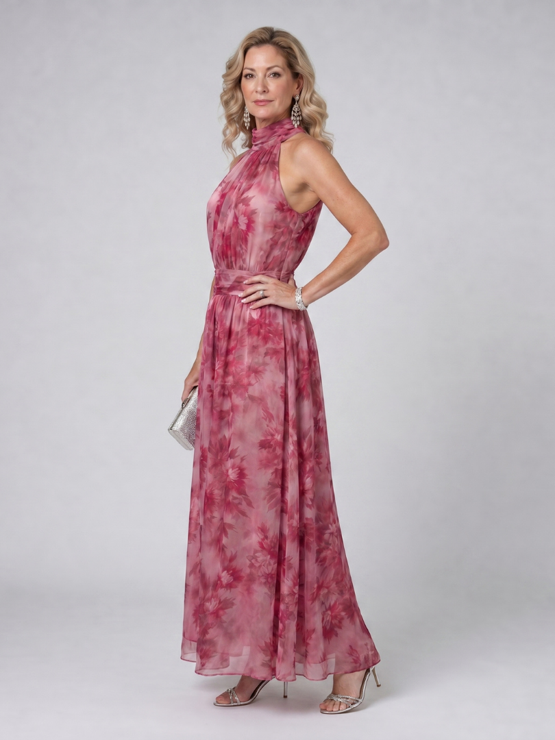 Floral Print Halter Neck Chiffon Maxi Dress