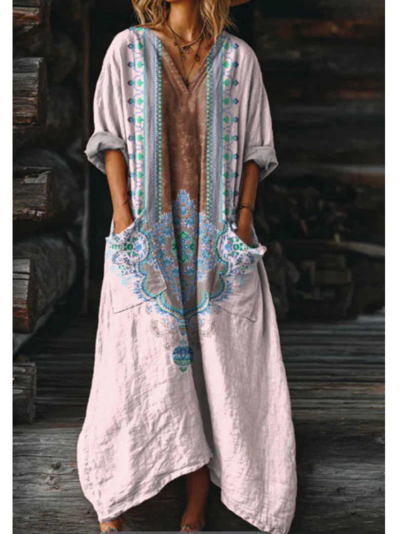 Paisley Floral Long Sleeve Round Neck Maxi Dress