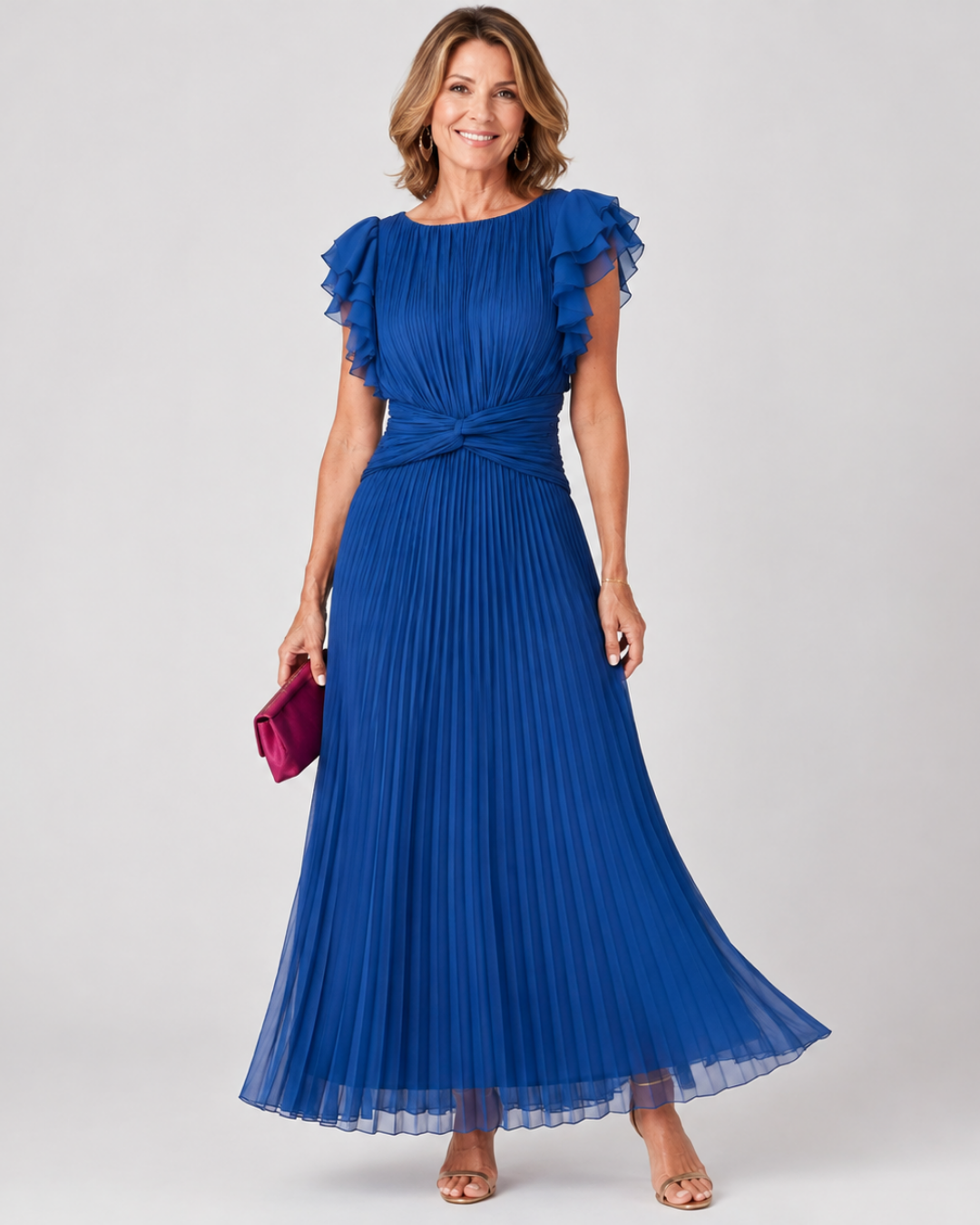 Flutter Sleeve Twist Front Pleated Maxi Dress