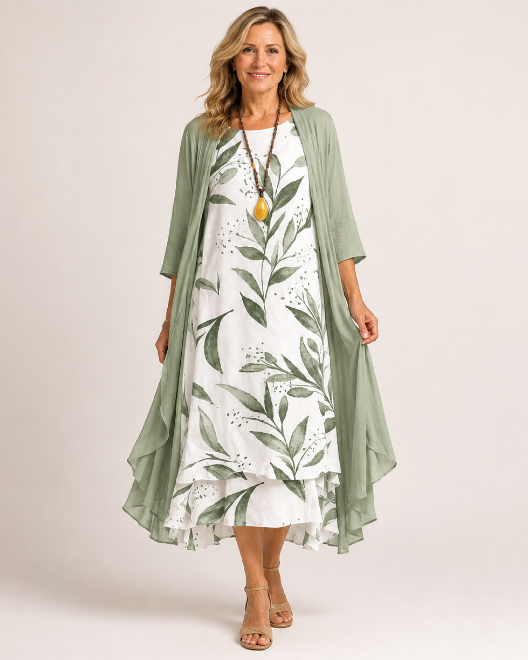 Leaf Print Sleeveless Dress and Longline Duster Two Piece Set