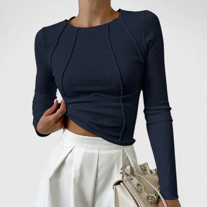 Crew Neck Long Sleeve Ribbed Seam Detail Crop Top