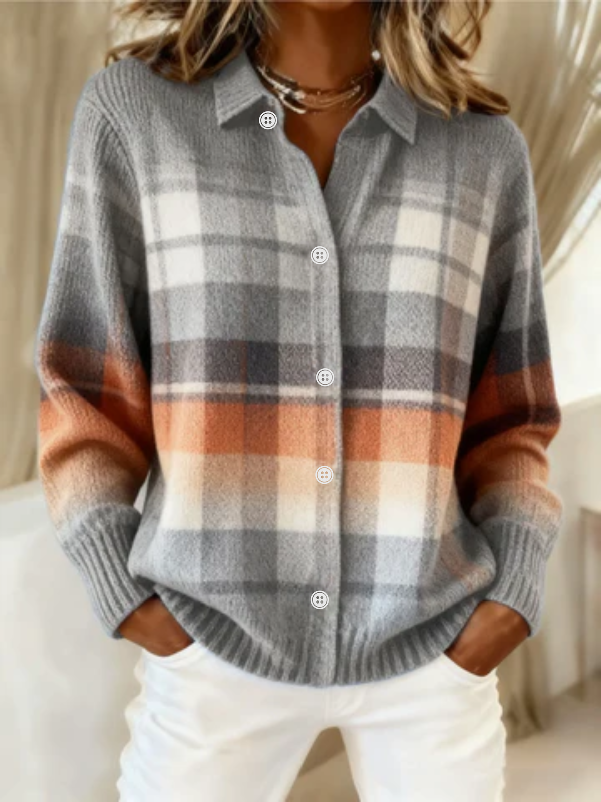 Plaid Collared Button Front Knit Cardigan