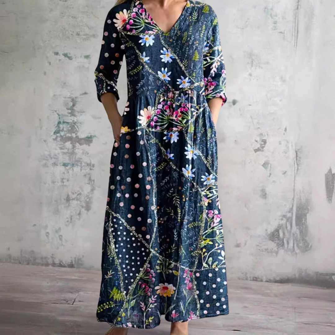 Floral Polka Dot Print V-Neck Long Sleeve Maxi Dress