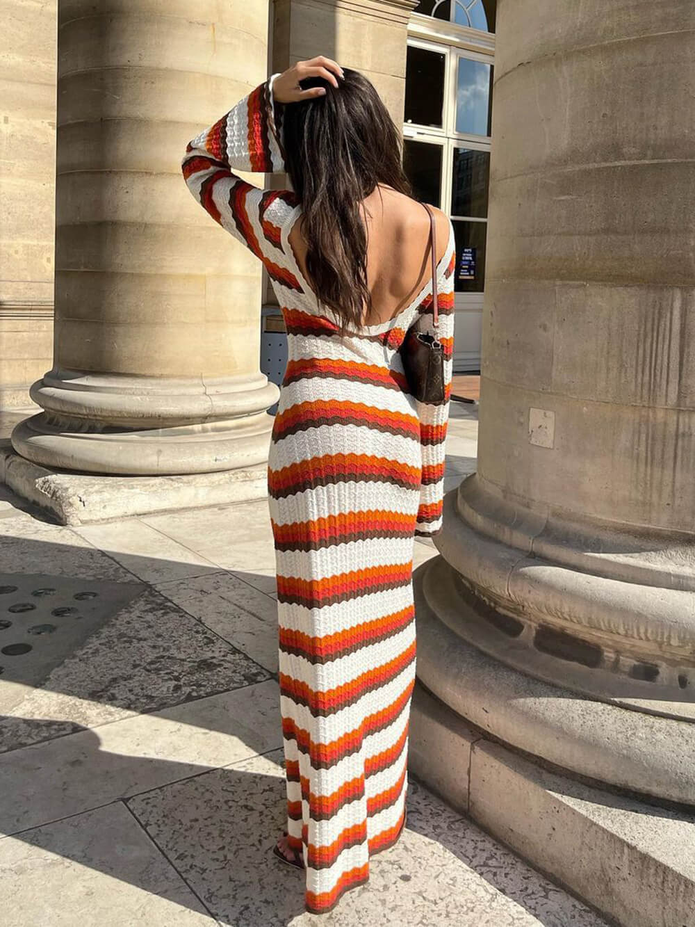 Crochet Zigzag Stripe Long Sleeve Bell Sleeve Maxi Dress