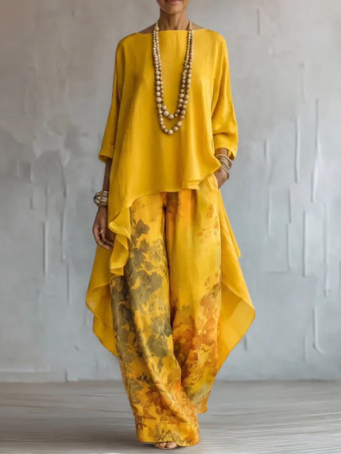 Boat Neck High Low Top and Floral Wide Leg Pants Two Piece Set