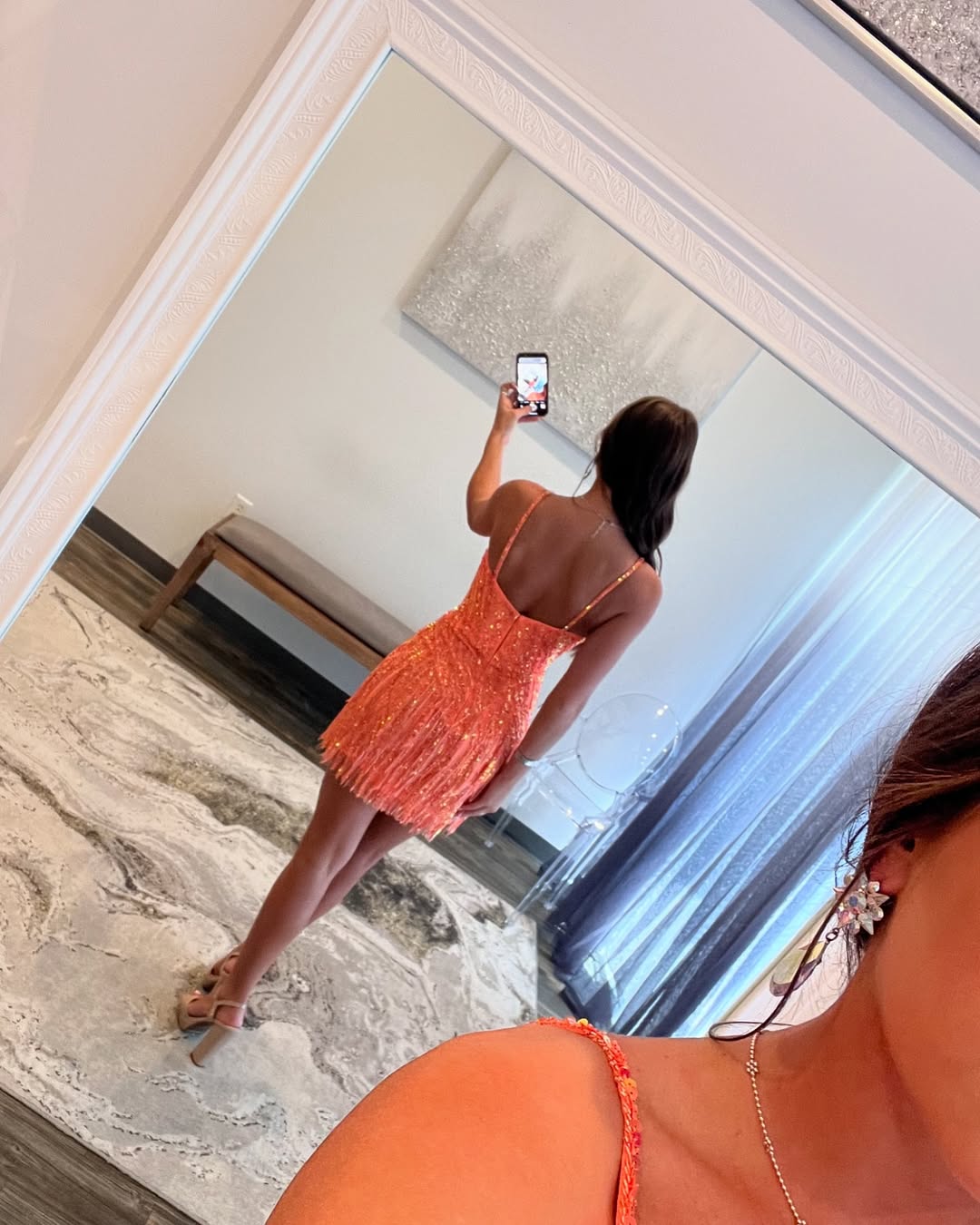 Sparkly Sheath Spaghetti Straps Orange Sequins Short Homecoming Dress with Tassel