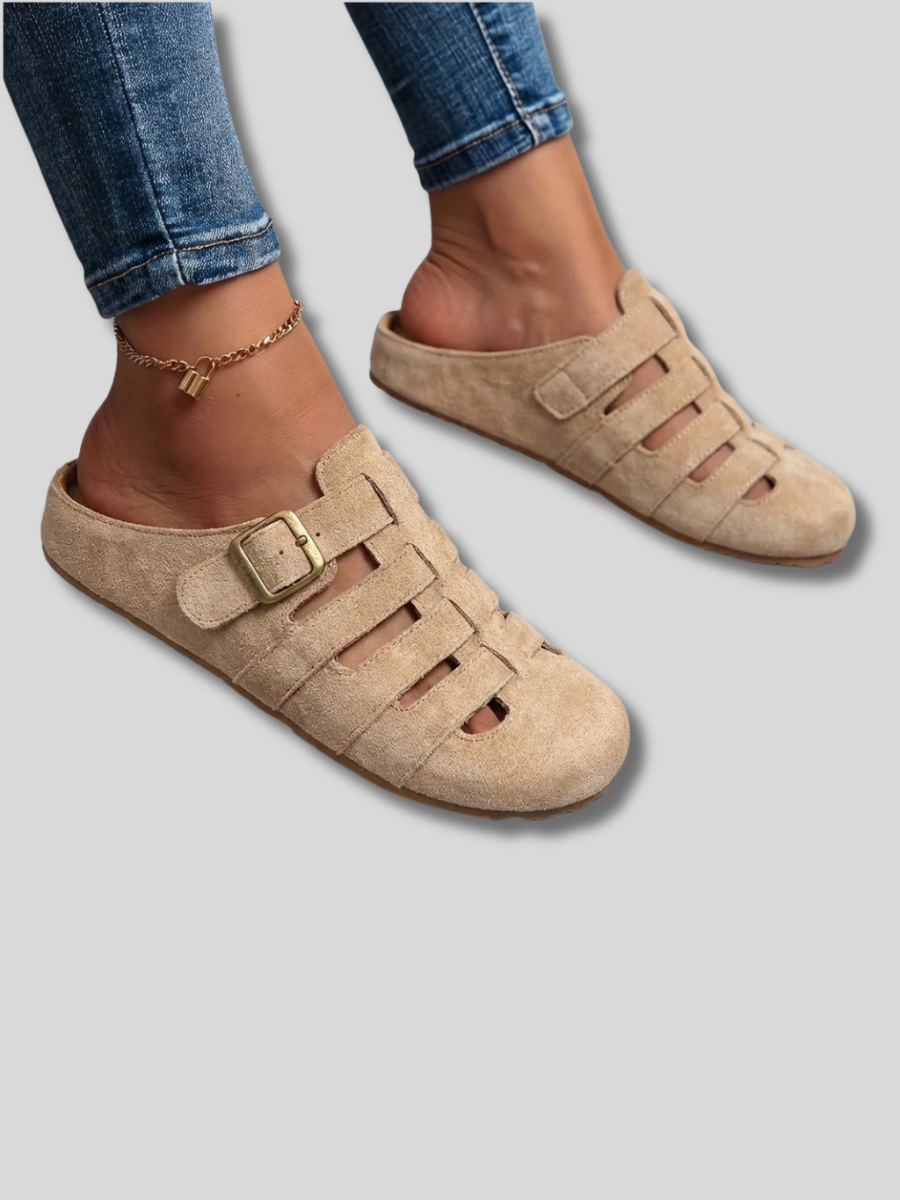 Closed Toe Caged Buckle Suede Mule Slides