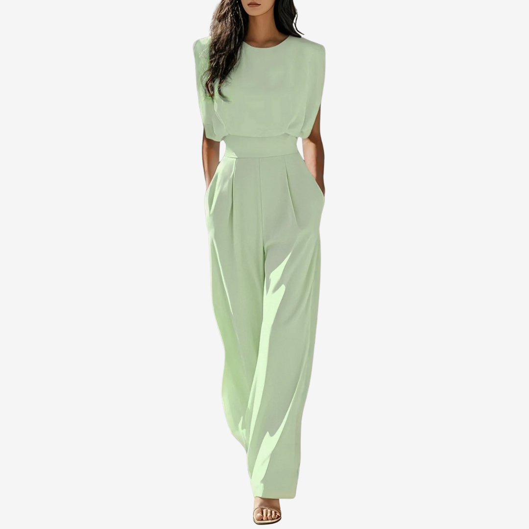 Round Neck Sleeveless Padded Shoulder Wide Leg Jumpsuit