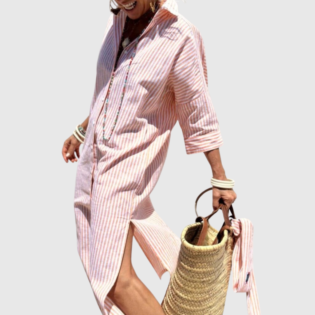 Elodie - Chic Striped Button-Down Shirt Dress Pink