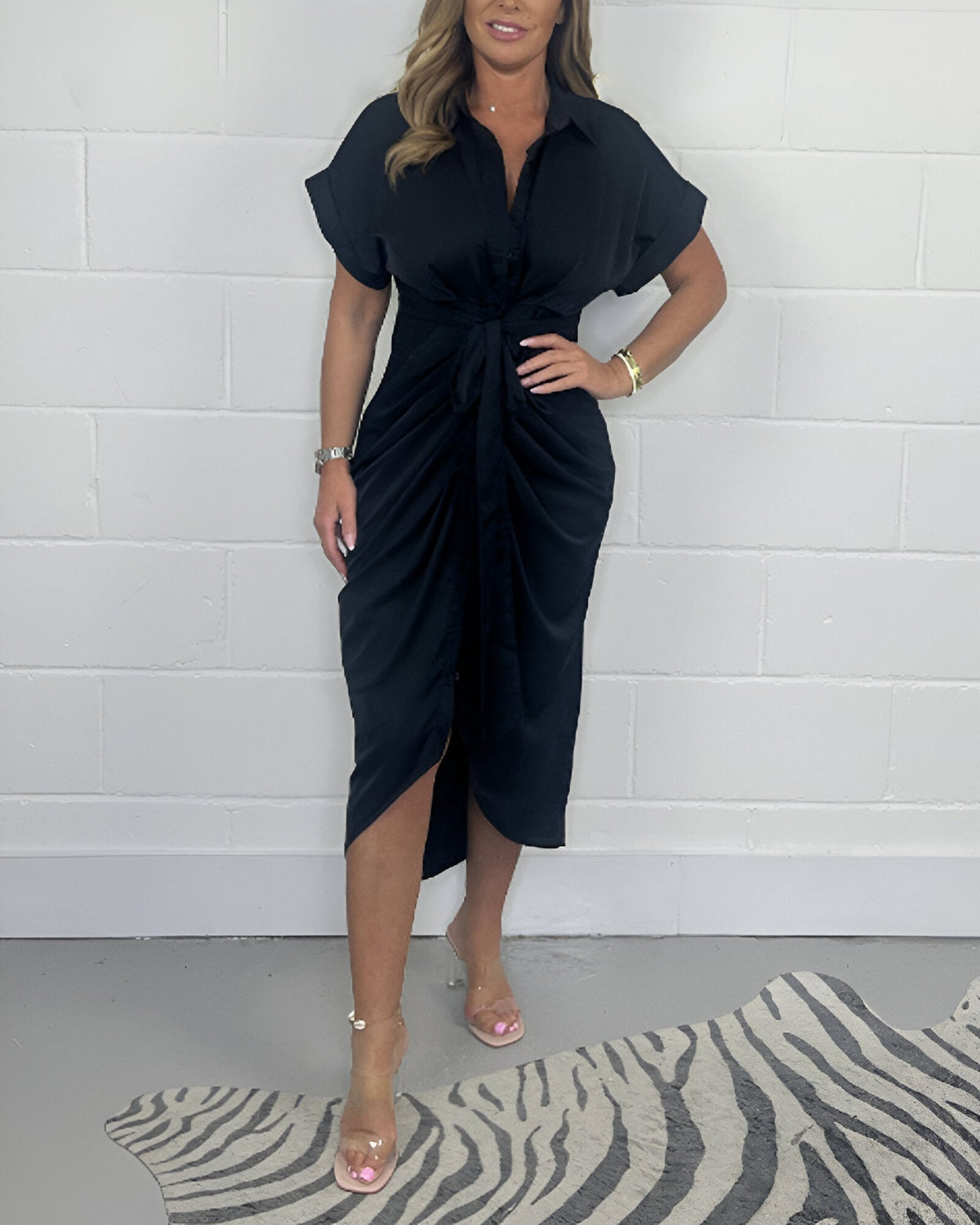 Collared Short Sleeve Tie Waist Ruched High Low Shirt Dress 14