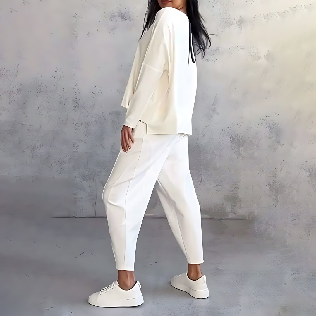 Boat Neck Long Sleeve Top and Tapered Pants Two Piece Set