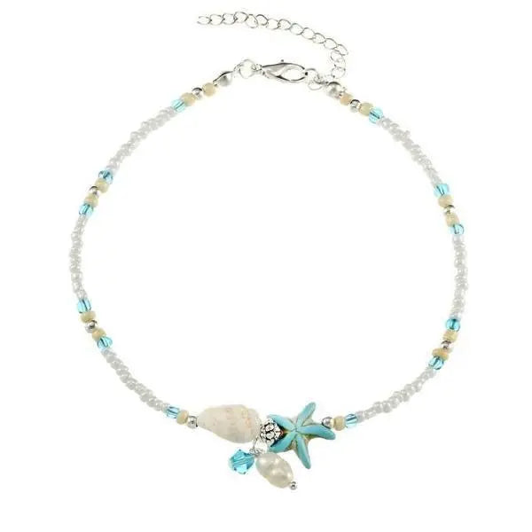 Beaded Starfish Shell and Pearl Charm Anklet