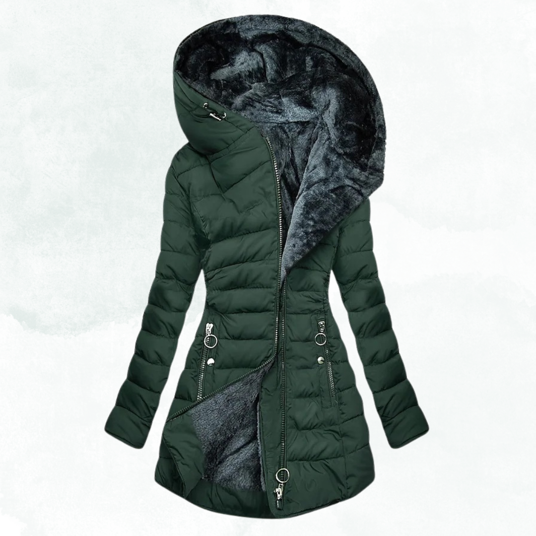Hooded Fleece Lined Zip Front Longline Puffer Jacket
